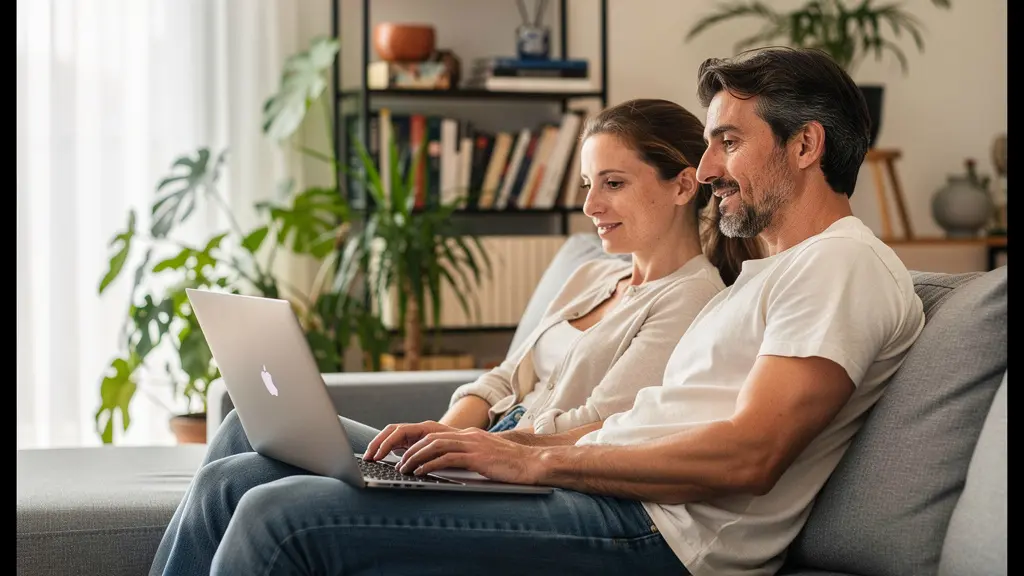 Couple français consultant des informations de crédit immobilier sur ordinateur portable dans leur salon