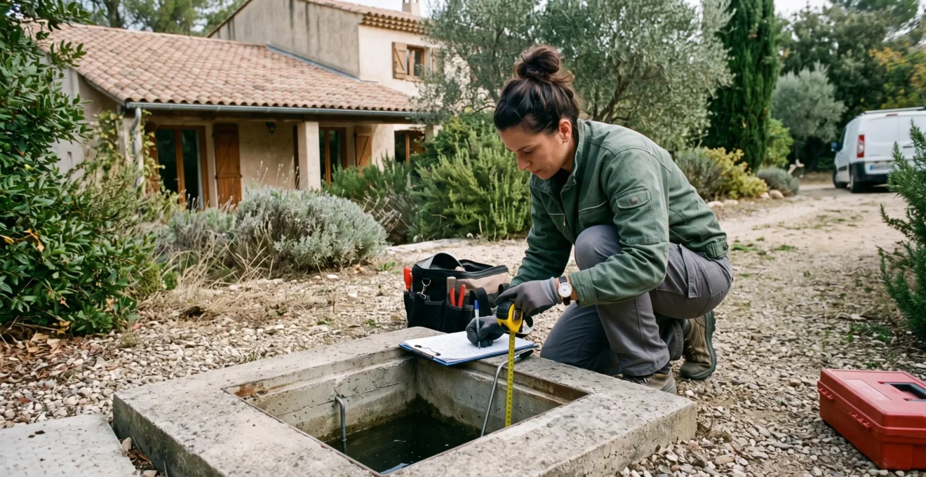 Technicien SPANC inspectant une installation d'assainissement non collectif lors d'un contrôle réglementaire sur une propriété résidentielle