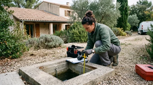 Technicien SPANC inspectant une installation d'assainissement non collectif lors d'un contrôle réglementaire sur une propriété résidentielle